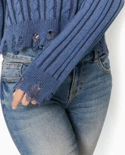 Pull En Maille Fantaisie Avec Effet Destroy - Bleu