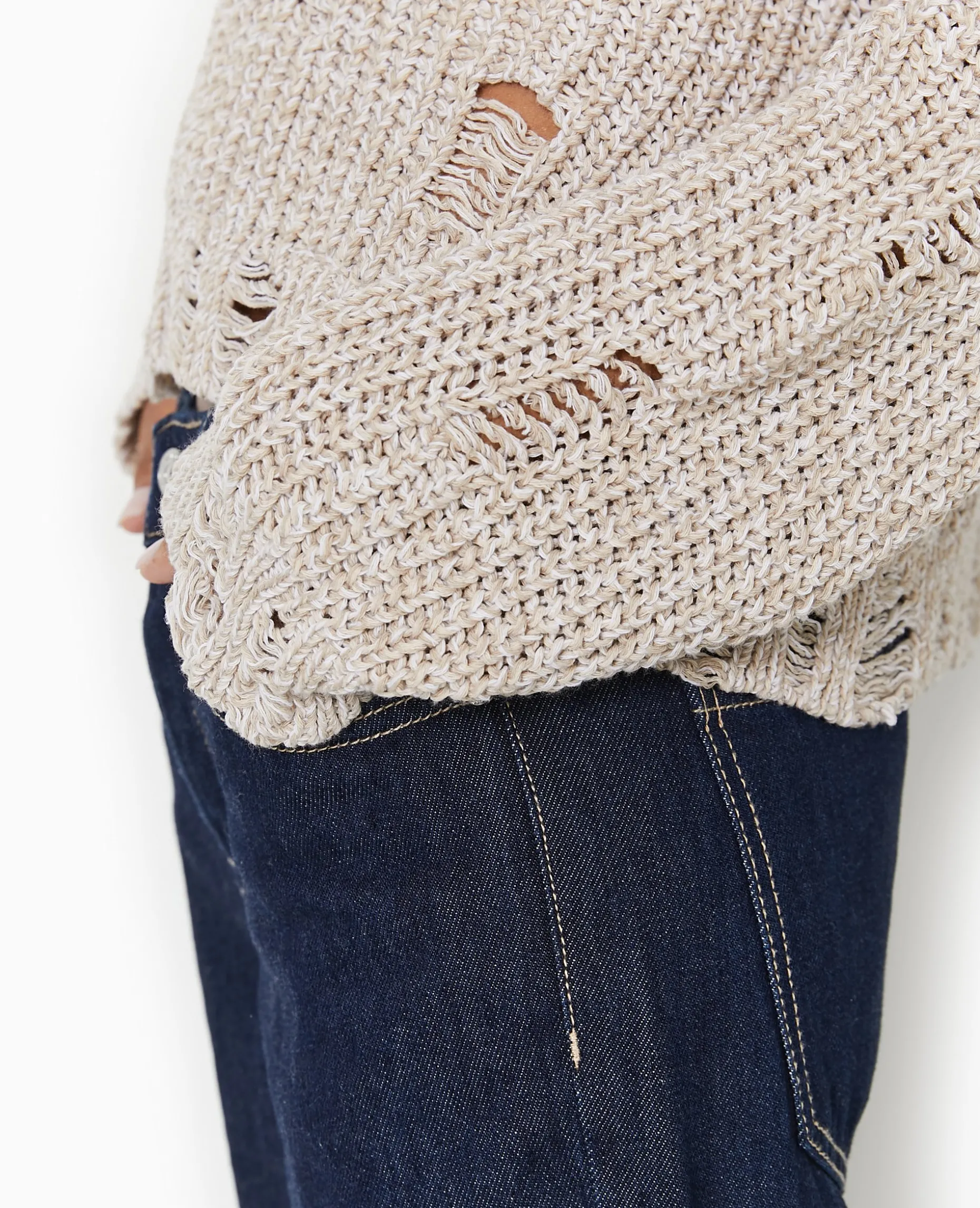Pull En Maille Moulinée Effet Destroy - Beige