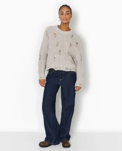 Pull En Maille Moulinée Effet Destroy - Beige