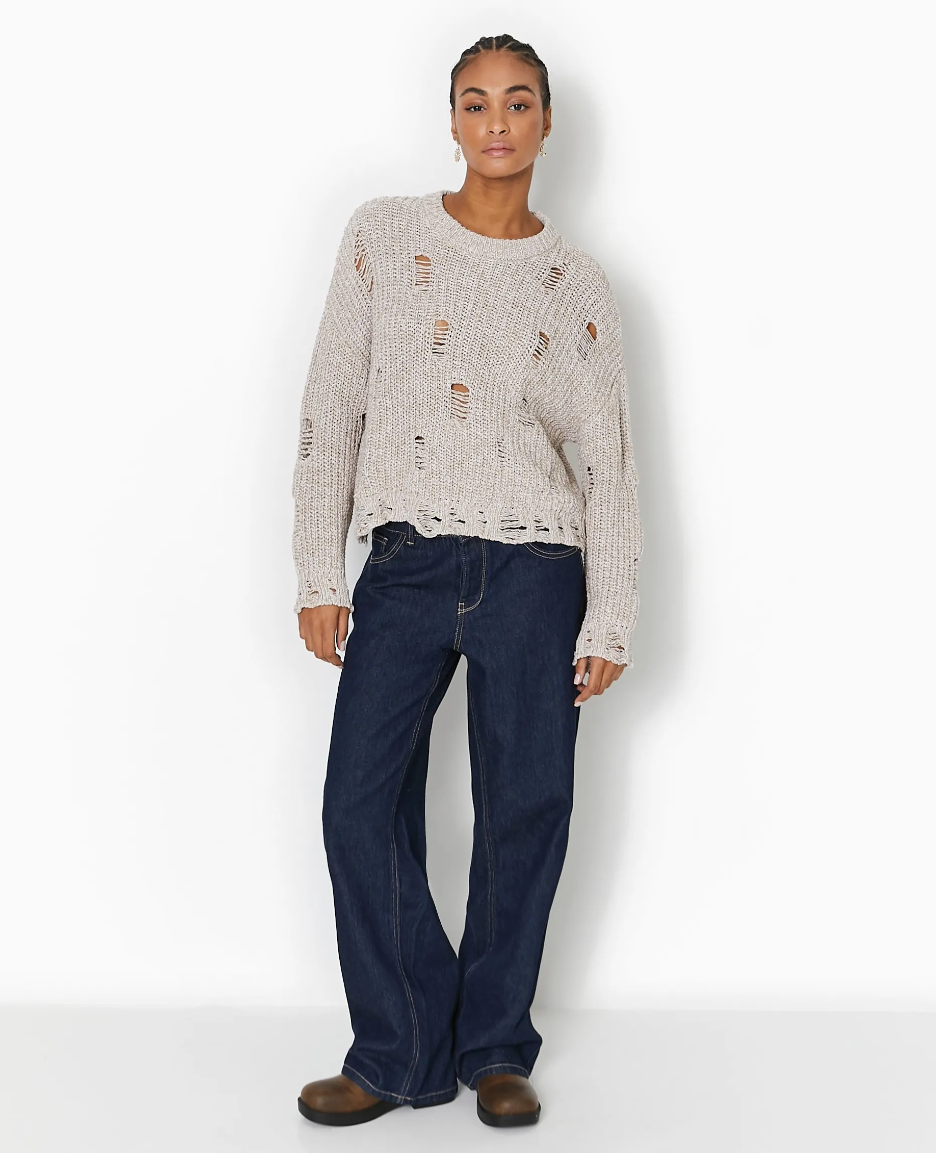 Pull En Maille Moulinée Effet Destroy - Beige