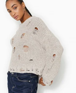 Pull En Maille Moulinée Effet Destroy - Beige