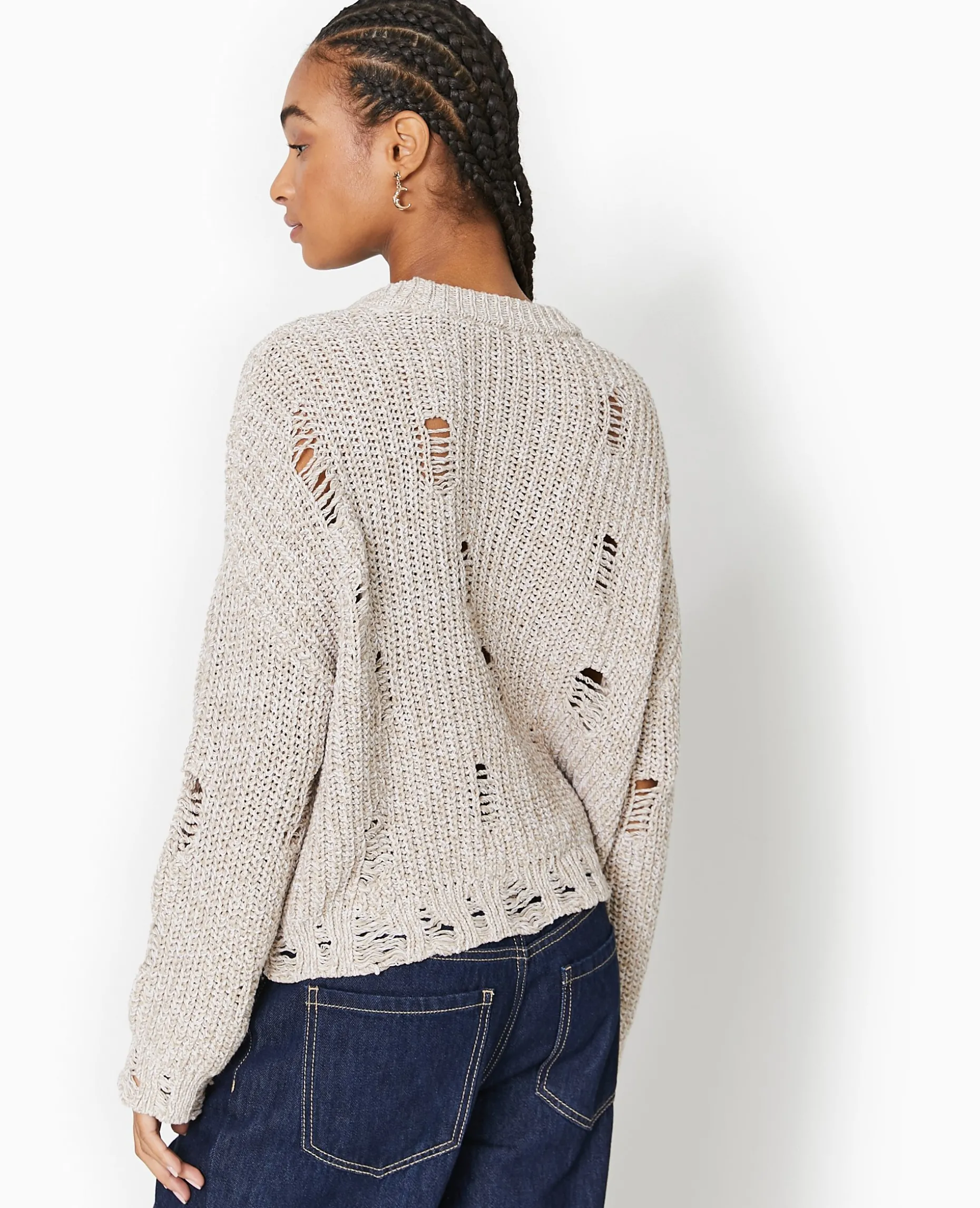 Pull En Maille Moulinée Effet Destroy - Beige