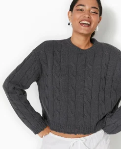 Pull En Maille Torsadée Et Déjaugée - Gris Foncé