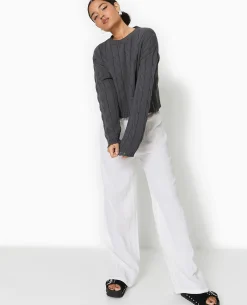 Pull En Maille Torsadée Et Déjaugée - Gris Foncé
