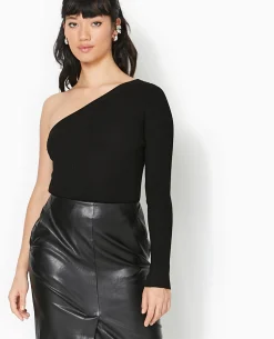 Pull Fin One Shoulder En Maille Côtelée - Noir