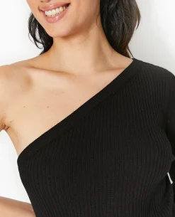 Pull Fin One Shoulder En Maille Côtelée - Noir
