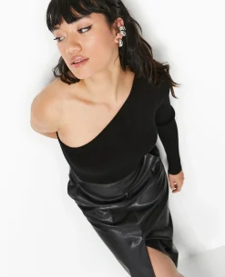 Pull Fin One Shoulder En Maille Côtelée - Noir