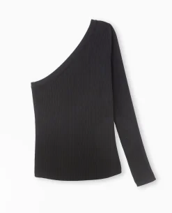 Pull Fin One Shoulder En Maille Côtelée - Noir