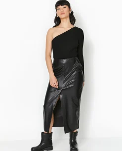 Pull Fin One Shoulder En Maille Côtelée - Noir