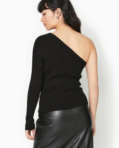 Pull Fin One Shoulder En Maille Côtelée - Noir