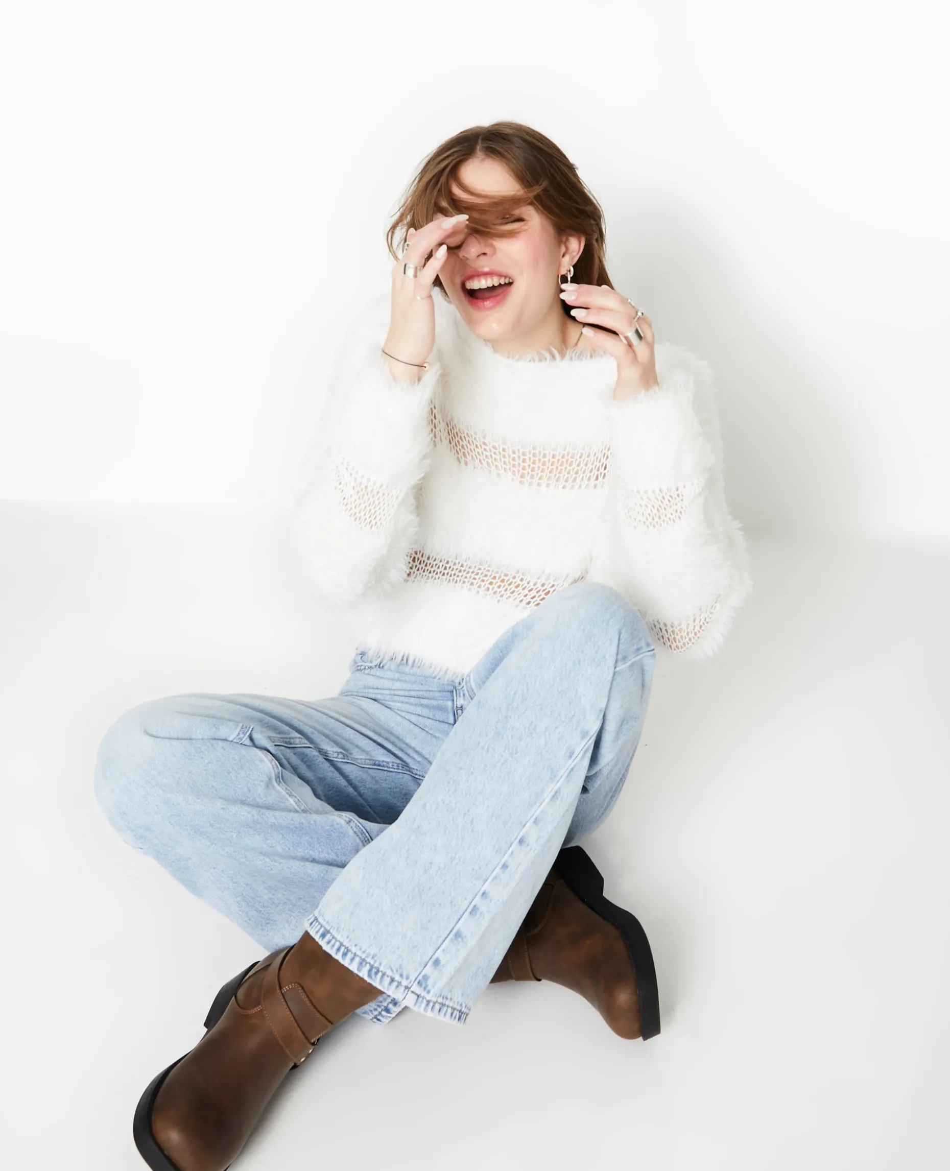 Pull Maille Ajourée Et Maille Poilue - Blanc