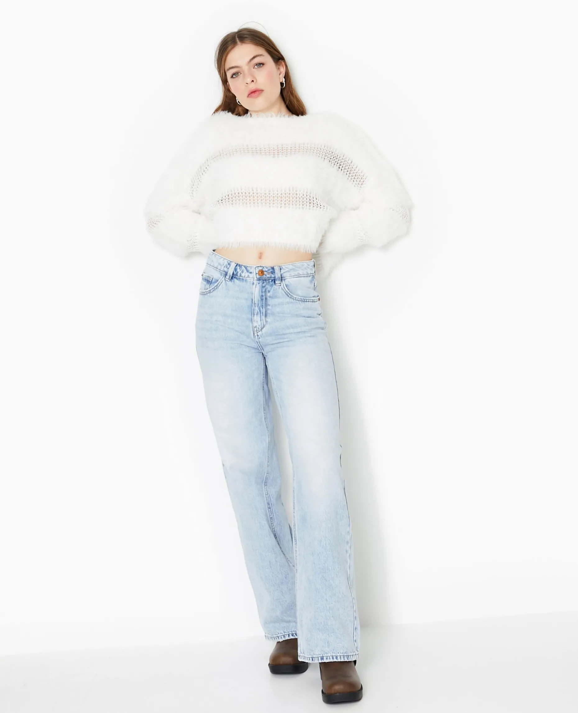 Pull Maille Ajourée Et Maille Poilue - Blanc