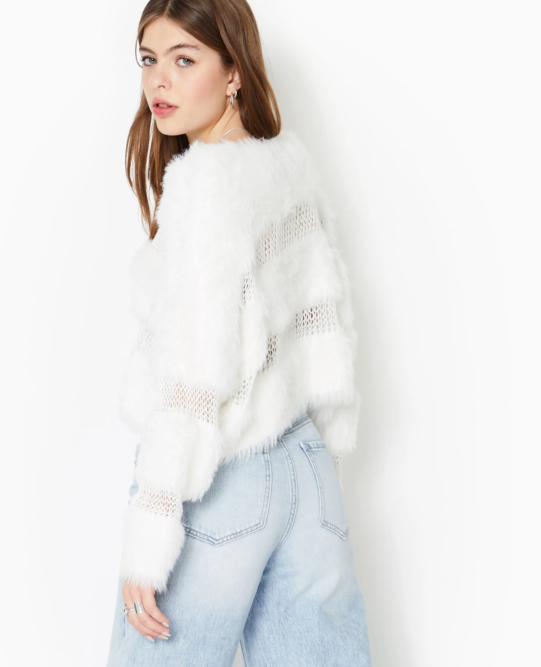 Pull Maille Ajourée Et Maille Poilue - Blanc