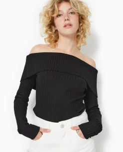 Pull Maille Côtelée Encolure Bardot - Noir