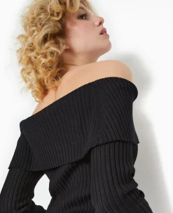 Pull Maille Côtelée Encolure Bardot - Noir