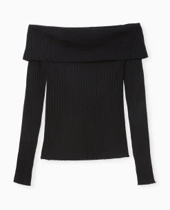 Pull Maille Côtelée Encolure Bardot - Noir