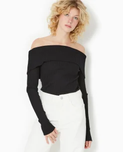Pull Maille Côtelée Encolure Bardot - Noir