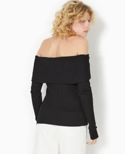 Pull Maille Côtelée Encolure Bardot - Noir