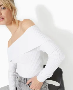 Pull Maille Côtelée Encolure Bardot - Blanc