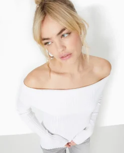 Pull Maille Côtelée Encolure Bardot - Blanc