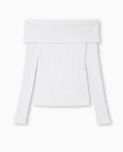 Pull Maille Côtelée Encolure Bardot - Blanc