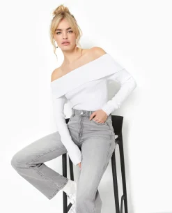 Pull Maille Côtelée Encolure Bardot - Blanc