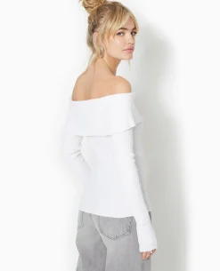 Pull Maille Côtelée Encolure Bardot - Blanc