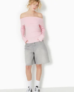 Pull Maille Côtelée Encolure Bardot - Rose