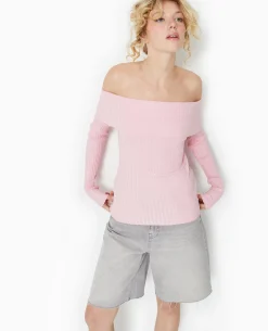 Pull Maille Côtelée Encolure Bardot - Rose