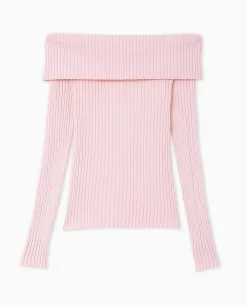 Pull Maille Côtelée Encolure Bardot - Rose