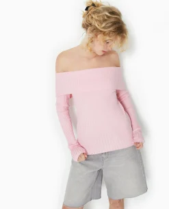 Pull Maille Côtelée Encolure Bardot - Rose