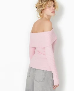 Pull Maille Côtelée Encolure Bardot - Rose