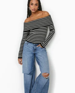Pull Maille Fine Encolure Bardot - Noir