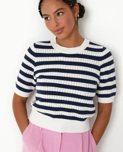 Pull Manches Courtes En Maille Ajourée Rayée - Blanc