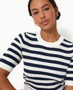Pull Manches Courtes En Maille Ajourée Rayée - Blanc