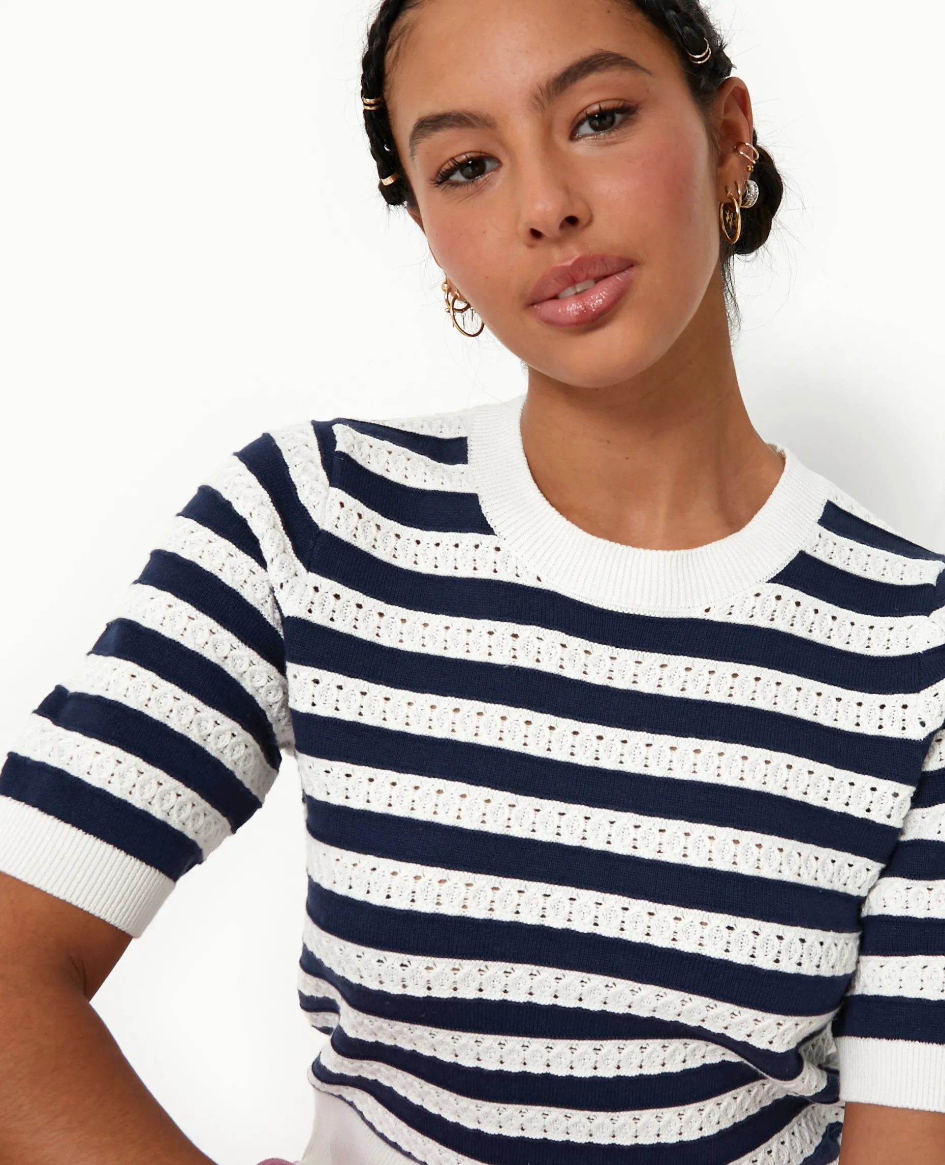 Pull Manches Courtes En Maille Ajourée Rayée - Blanc