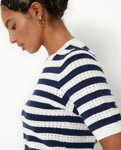 Pull Manches Courtes En Maille Ajourée Rayée - Blanc