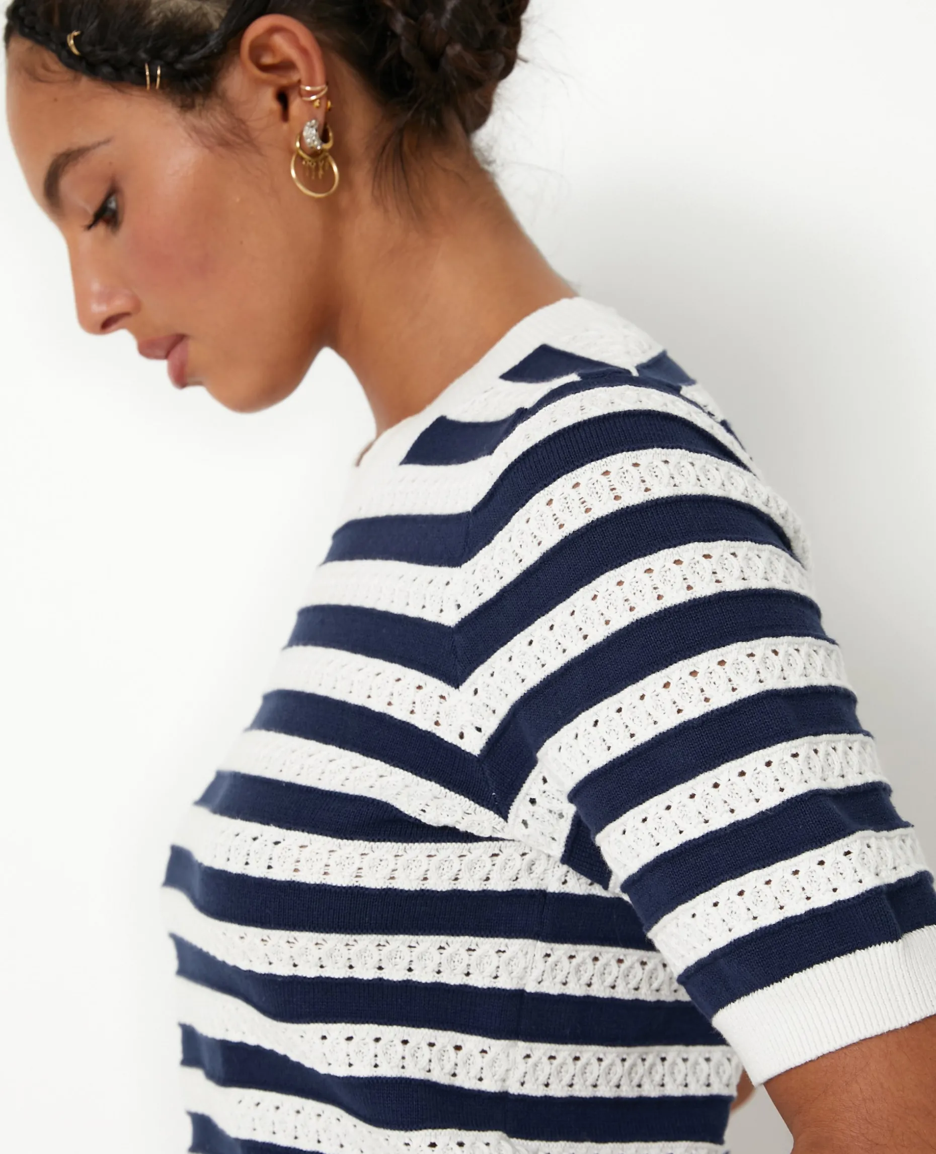 Pull Manches Courtes En Maille Ajourée Rayée - Blanc