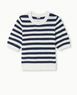 Pull Manches Courtes En Maille Ajourée Rayée - Blanc