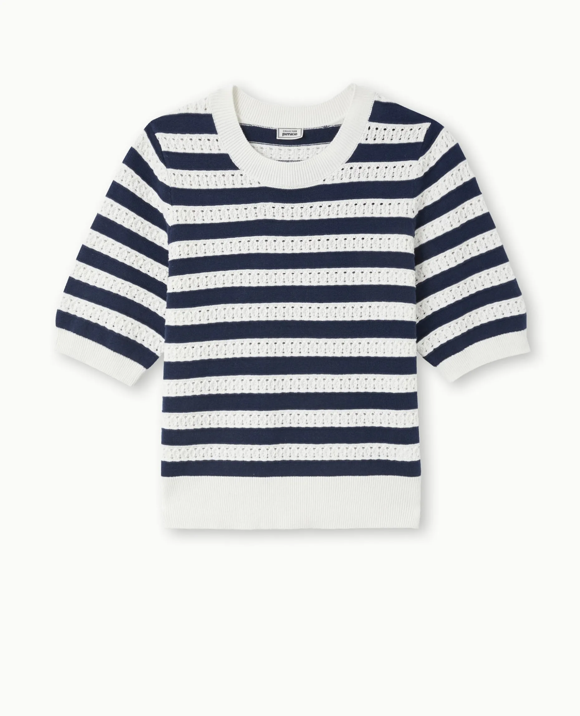 Pull Manches Courtes En Maille Ajourée Rayée - Blanc
