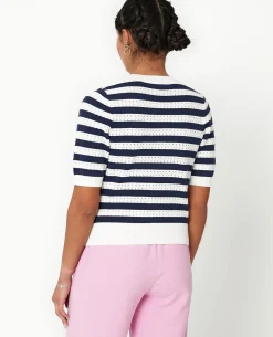 Pull Manches Courtes En Maille Ajourée Rayée - Blanc