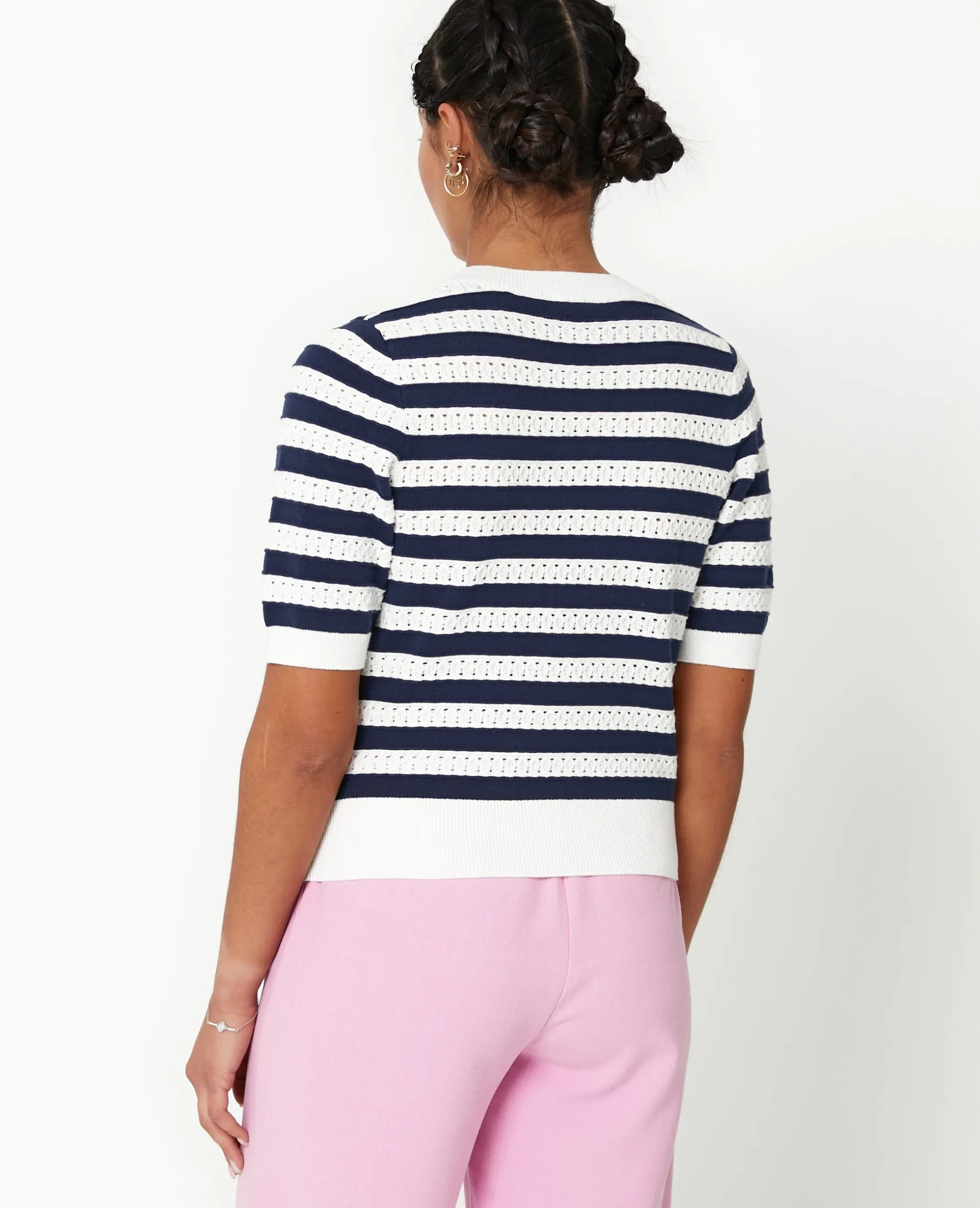 Pull Manches Courtes En Maille Ajourée Rayée - Blanc
