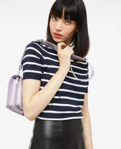 Pull Manches Courtes Rayé En Maille Fine - Bleu Marine