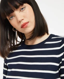 Pull Manches Courtes Rayé En Maille Fine - Bleu Marine