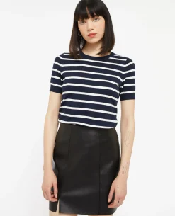 Pull Manches Courtes Rayé En Maille Fine - Bleu Marine