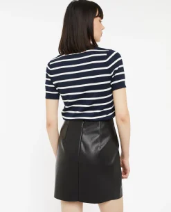 Pull Manches Courtes Rayé En Maille Fine - Bleu Marine