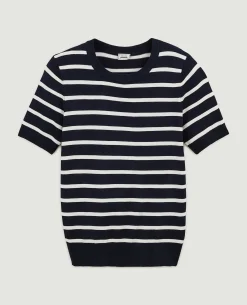 Pull Manches Courtes Rayé En Maille Fine - Bleu Marine