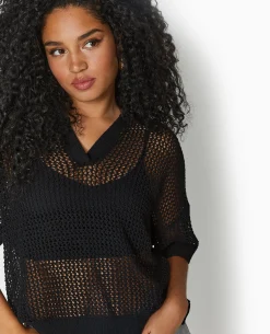 Pull Polo Manches Courtes En Maille Ajourée - Noir