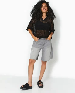 Pull Polo Manches Courtes En Maille Ajourée - Noir