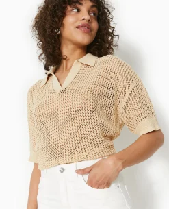 Pull Polo Manches Courtes En Maille Ajourée - Beige